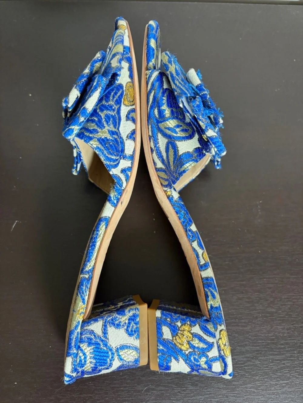 Tory Burch Valentina 45mm bow slide heels blue floral brocade logo Sz 7.5